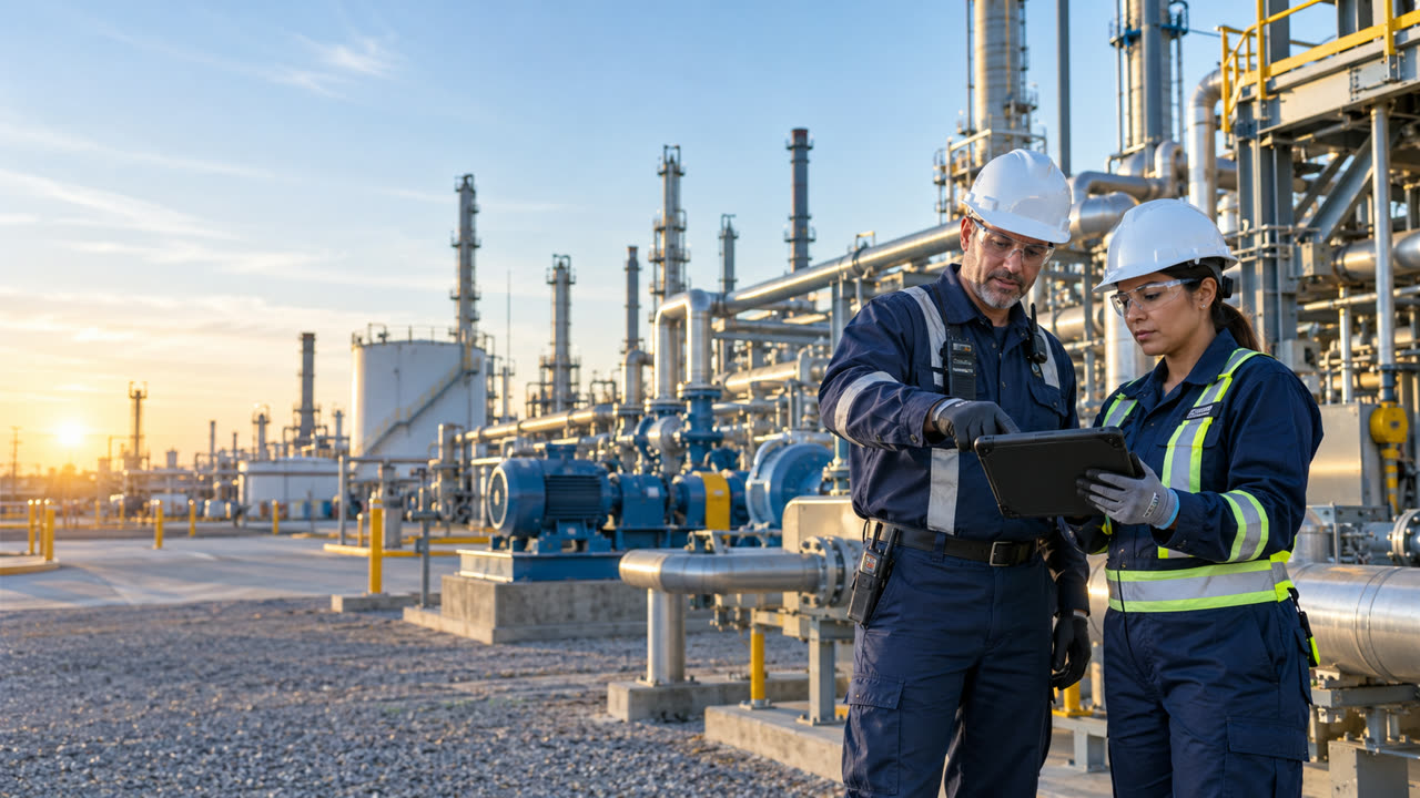 ERP asset management project manager reviewing maintenance operations at a Houston oil and gas facility