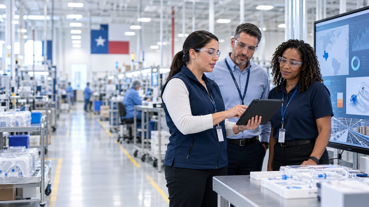 Dynamics 365 supply chain business analyst reviewing manufacturing operations at a medical equipment facility in Houston