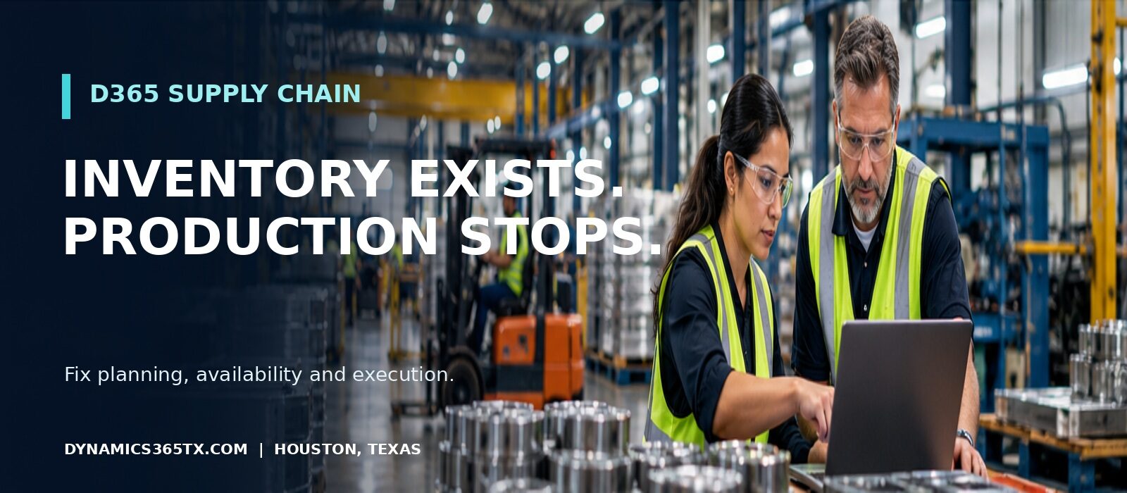 Supply Chain & Manufacturing illustration for the article: Inventory Exists. Production Stops. The Hidden Cost of Poor Planning in Dynamics 365 Supply Chain Management